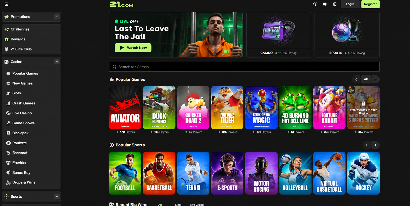 Concept of the 21.com homepage with Last To Leave The Jail as the main banner, marked LIVE 24/7, next to the Casino and Sports tiles